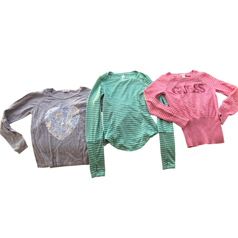 Guess Kids Pink Striped Sequin Logo Sweater‎ Size 7 & Two Long Sleeve Tops